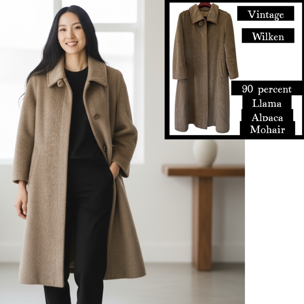 VTG Llama wool alpaca WILKEN overcoat Long Coat Straight Cut Single-Breasted 40